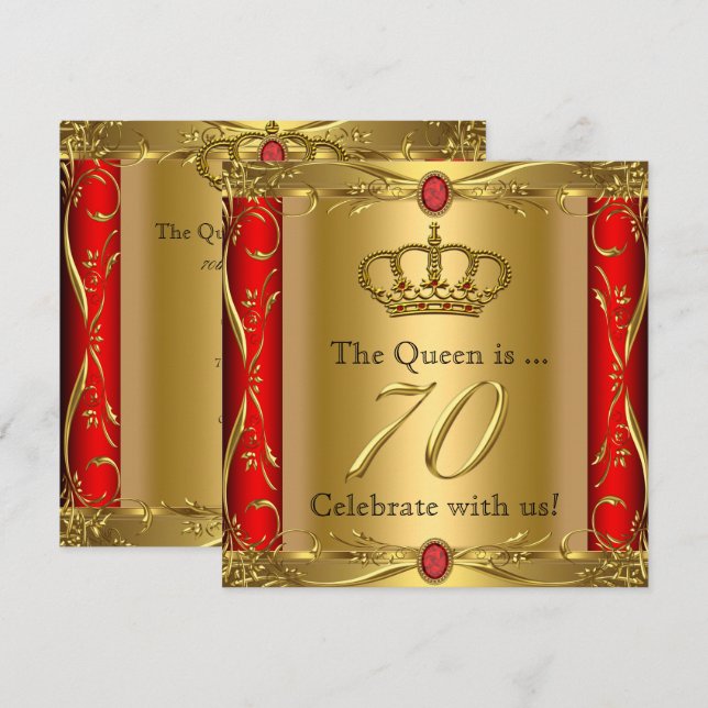 Queen or King Regal Red Gold 70th Birthday Party Invitation (Front/Back)