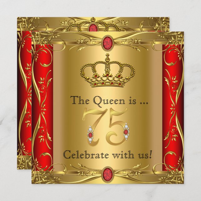 Queen or King Regal Red Gold 75th Birthday Party Invitation (Front/Back)
