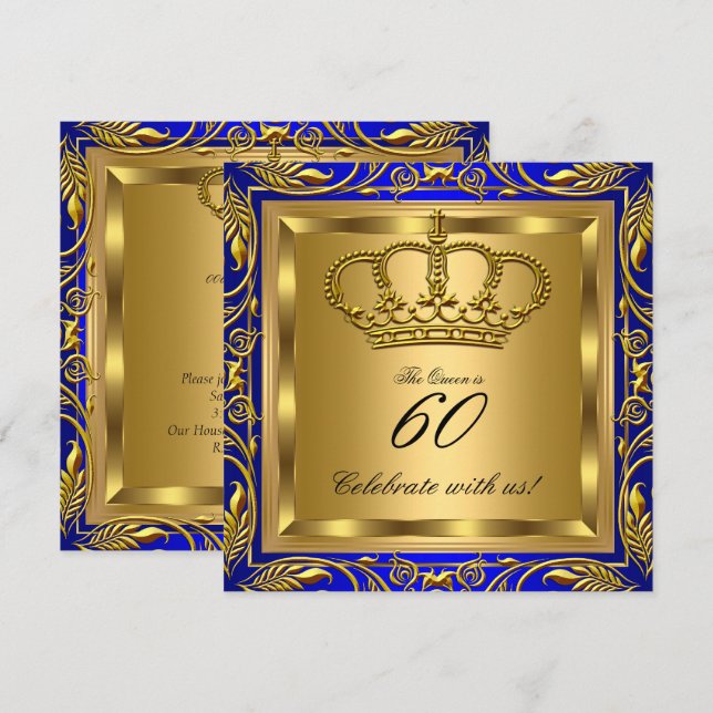 Queen or King Royal Blue Gold Elite Birthday Party Invitation (Front/Back)