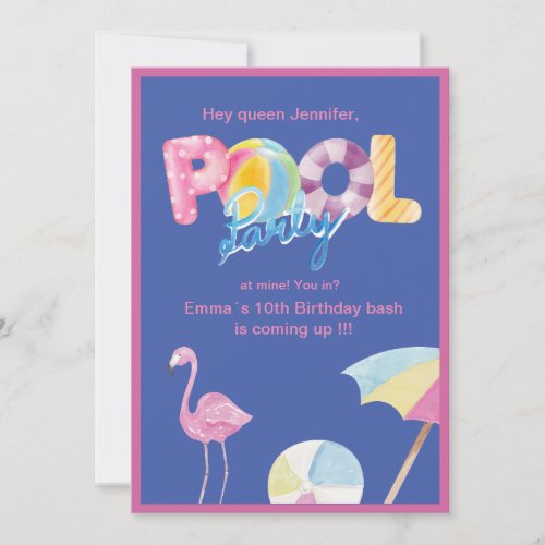 Queen Pool Party Bash Trendy Pink blue kids teen Invitation