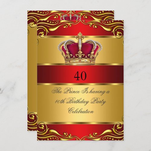 Queen Prince King Regal Red Gold Crown Birthday Invitation