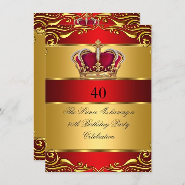 Queen Prince King Regal Red Gold Crown Birthday Invitation (Front/Back)