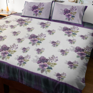 Queen Purple Floral Purple & Green Plaid  Duvet Cover