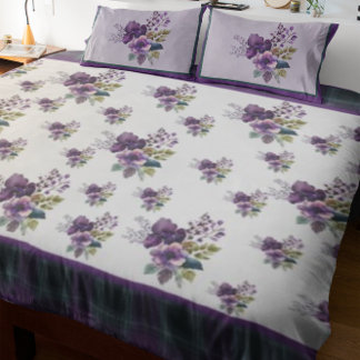 Queen Purple Floral Purple & Green Plaid Duvet Cover