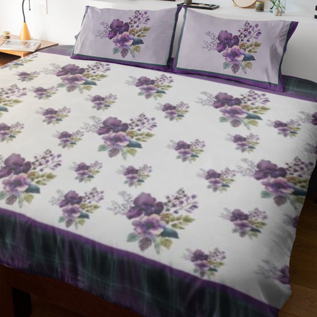 Queen Purple Floral Purple & Green Plaid  Duvet Cover (Purple Floral Duvet - Variety of different pillows designs are also available )