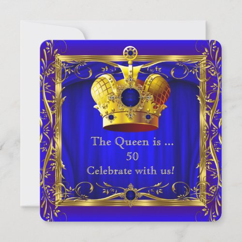 Queen Royal Blue Purple Gold 50th Birthday Party Invitation