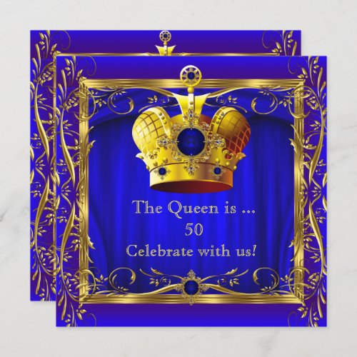 Queen Royal Blue Purple Gold 50th Birthday Party Invitation