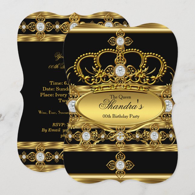 Queen Royal Gold Diamond Crown Birthday Party Invitation (Front/Back)