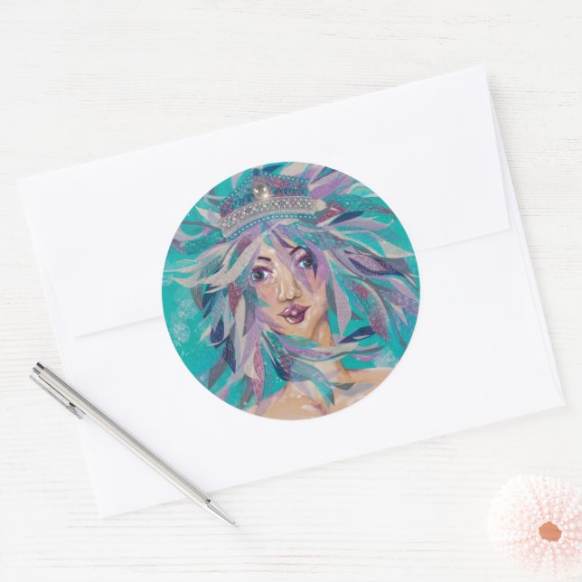 Queen Safine Blue Purple Mermaid Ocean Princess Classic Round Sticker (Envelope)