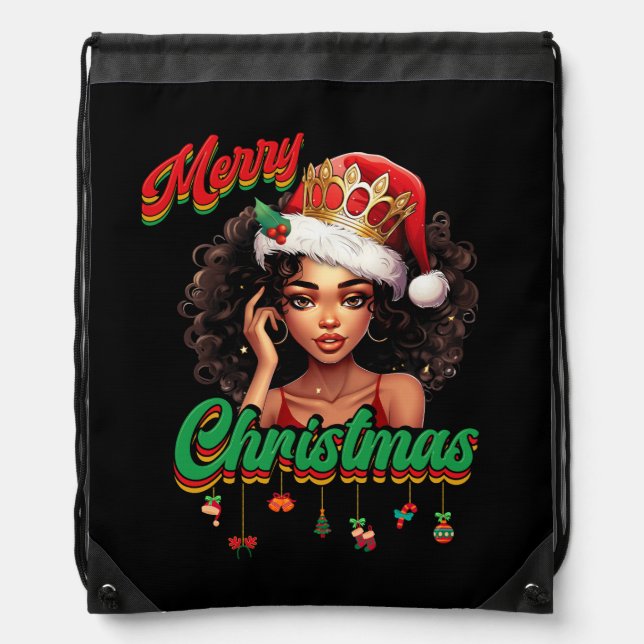 Queen Santa Claus American African Christmas Women Drawstring Bag (Front)