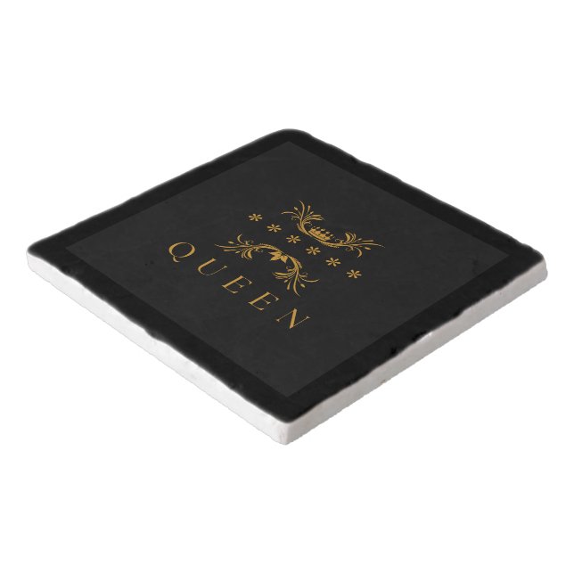 Queen Text with Crown Image Black Background color Trivet (Corner)
