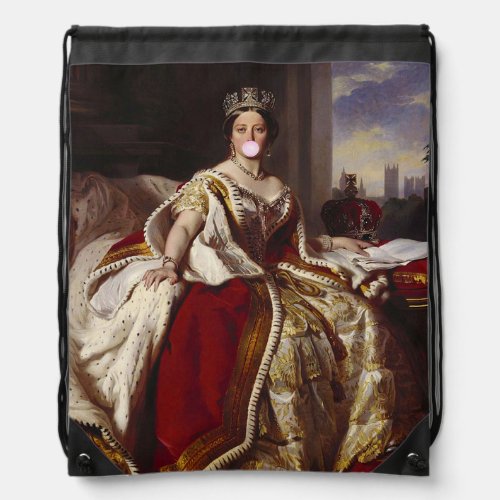 QUEEN VICTORIA BLOWING A PINK BUBBLE GUM    DRAWSTRING BAG