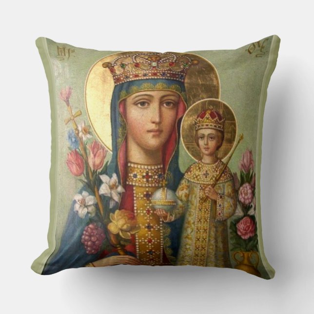 Queen Virgin Mary Madonna Jesus Christ Flowers Throw Pillow (Front)