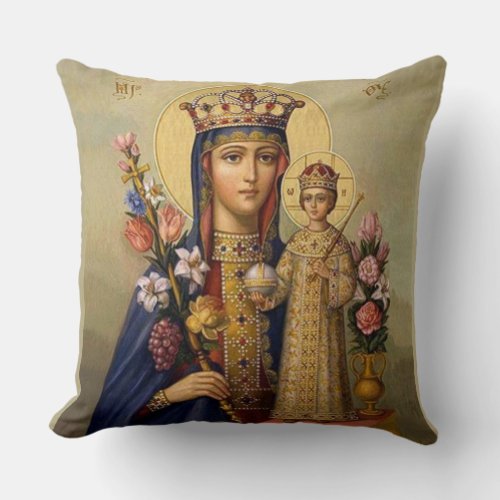 Queen Virgin Mary Madonna Jesus Christ Flowers Throw Pillow