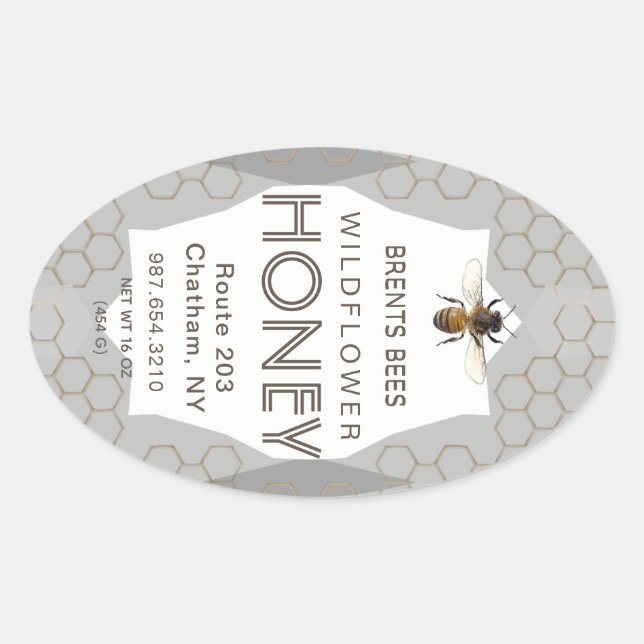 Queenline Honey jar label with bee and honeycomb (Front)