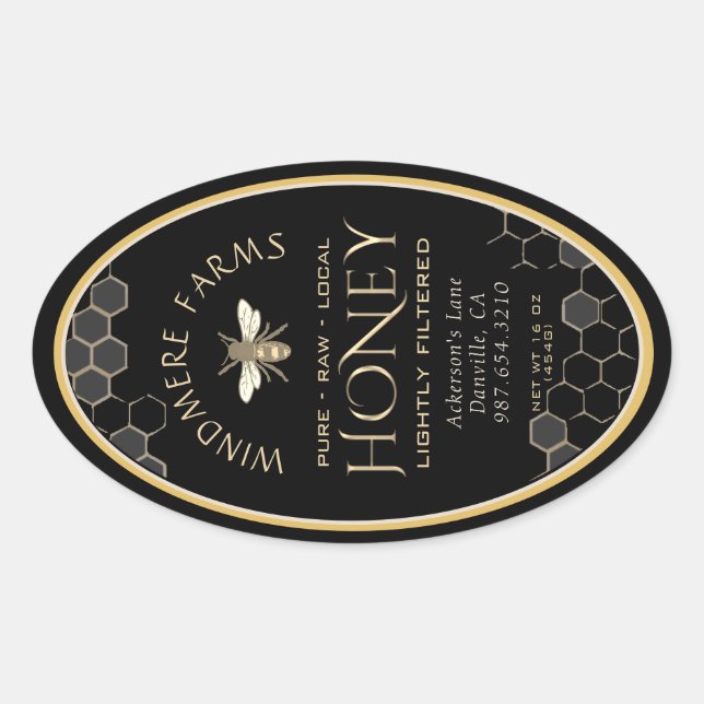 Queenline Honey Label 16/32oz Honeycomb Bee Black (Front)