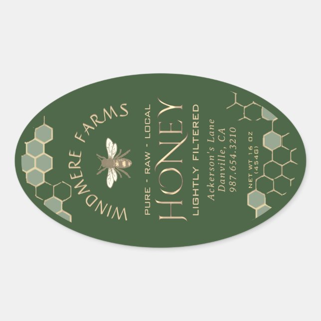 Queenline Honey Label 16/32oz Honeycomb Bee Green (Front)