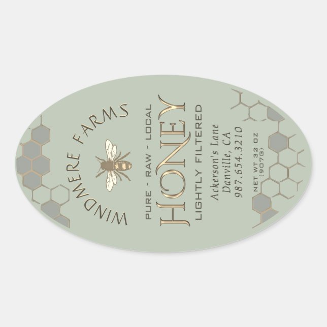 Queenline Honey Label 16/32oz Honeycomb Bee Sage (Front)