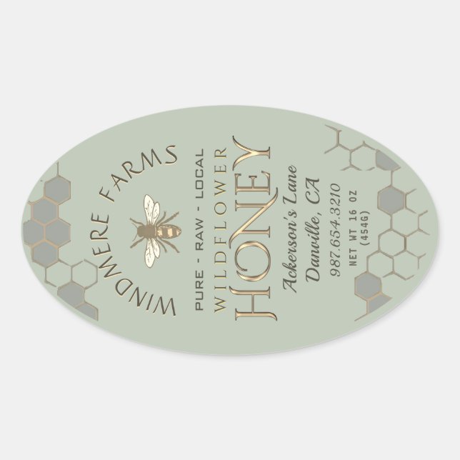 Queenline Honey Label 16/32oz Honeycomb Bee Sage (Front)