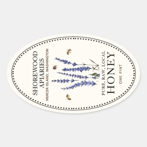 Queenline Oval Honey Label flowers and honeybees 