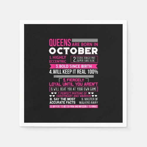 Queens Are Born In October  Birthday Gift Napkins