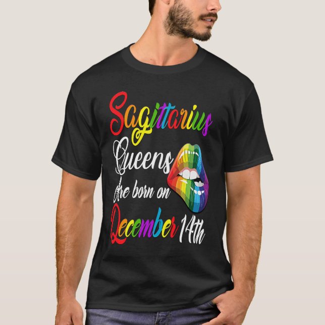 Queens Are Born on December 14th Rainbow Lips Sagi T-Shirt (Front)