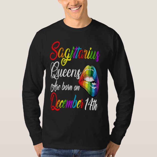 Queens Are Born on December 14th Rainbow Lips Sagi T-Shirt (Front)