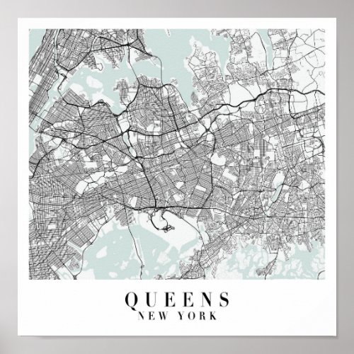 Queens New York Blue Water Street Map Poster