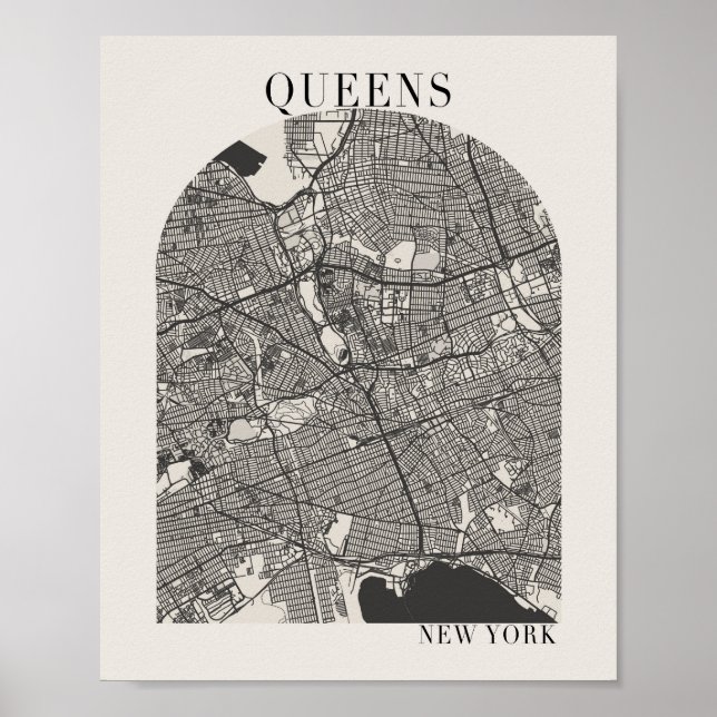 Queens New York Boho Arch Beige Street Map Poster (Front)