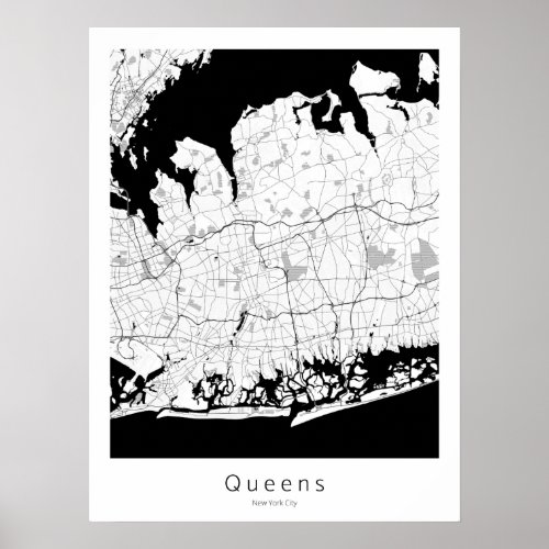 Queens New York City Modern White Map Poster