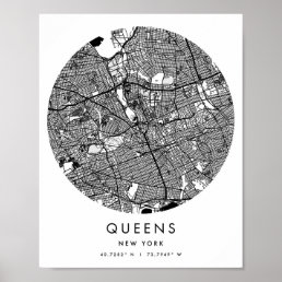 Queens New York Minimal Modern Circle Street Map Poster