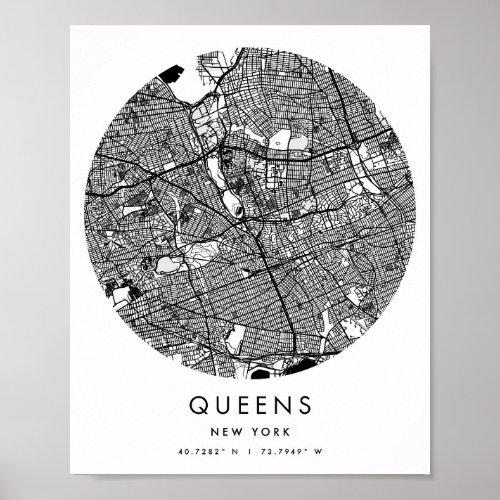 Queens New York Minimal Modern Circle Street Map Poster