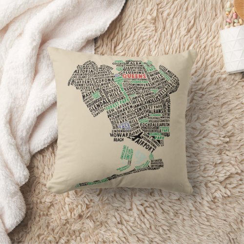 Queens New York NYC Word Art Map Throw Pillow