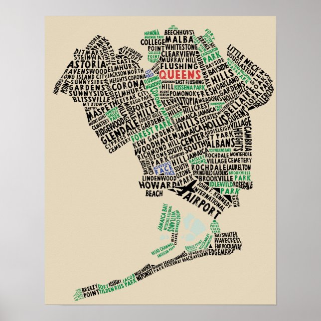 Queens, New York Typography Map Art Poster (Front)