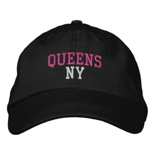 QUEENS NY Simple Hot Pink and White on Black Embroidered Baseball Cap