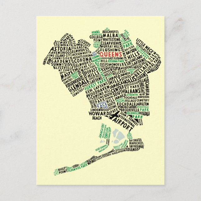 Queens NYC Typography Map Postcard (Front)