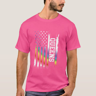 Queens United States Distressed Rainbow w US Flag T-Shirt