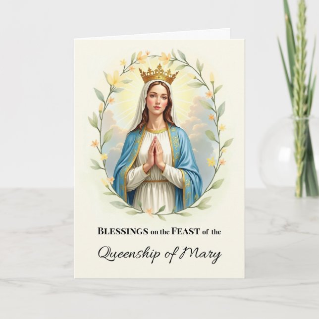 Queenship of Mary Feast Day with Floral Wreath Card (Front)