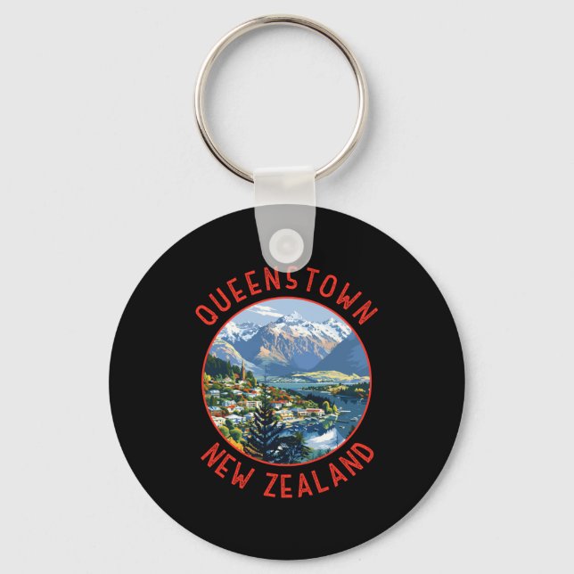 Queenstown New Zealand Retro Distressed Circle  Keychain (Front)
