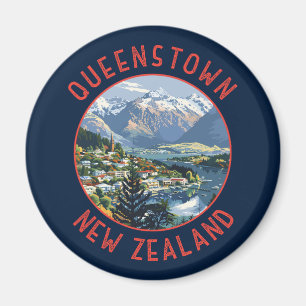 Queenstown New Zealand Retro Distressed Circle Magnet