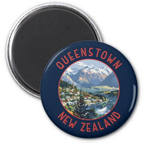 Queenstown New Zealand Retro Distressed Circle Magnet