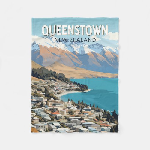 Queenstown New Zealand Travel Art Vintage Fleece Blanket