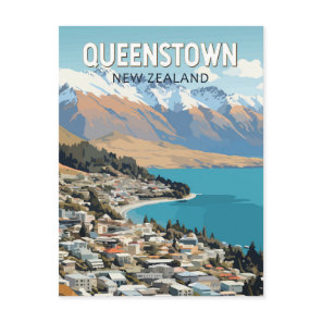 Queenstown New Zealand Travel Art Vintage Postcard