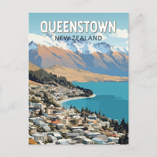 Queenstown New Zealand Travel Art Vintage Postcard