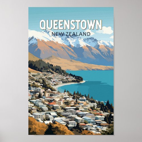 Queenstown New Zealand Travel Art Vintage Poster