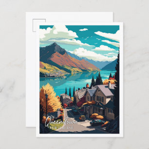 Queenstown New Zealand vintage travel illustration Postcard