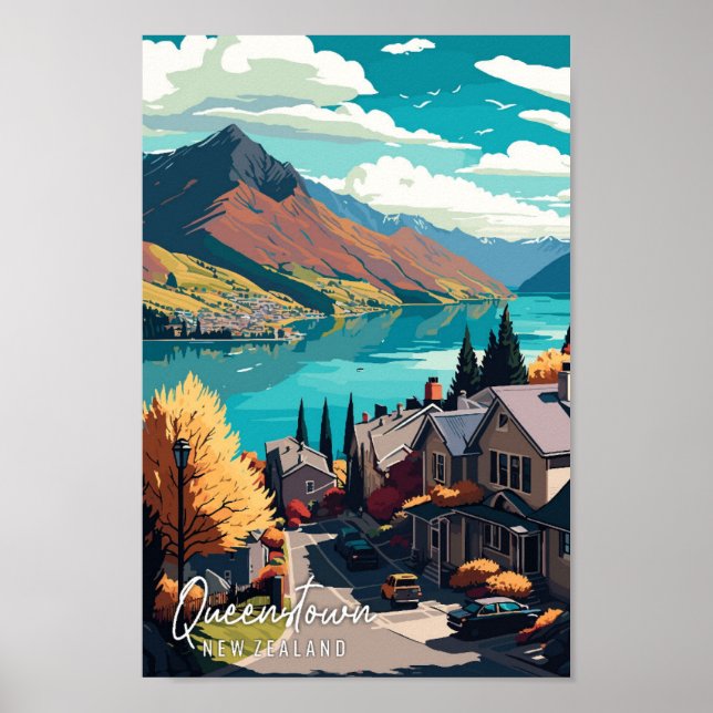 Queenstown New Zealand vintage travel illustration Poster (Front)