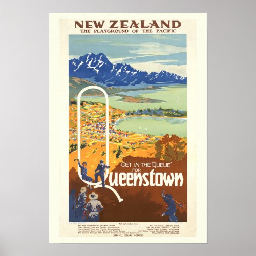 Queenstown New Zealand Vintage Travel Poster