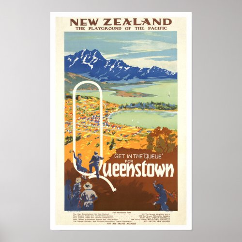 Queenstown New Zealand  Vintage Travel Poster