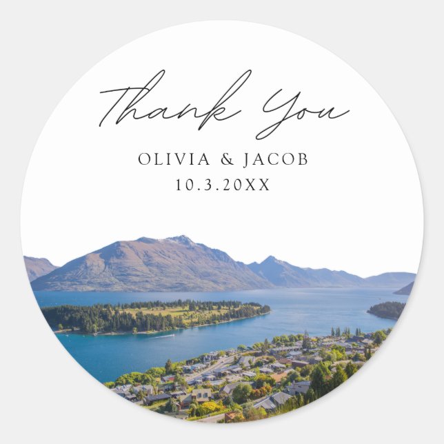 Queenstown Wedding Favor Photo Thank You Classic Round Sticker (Front)